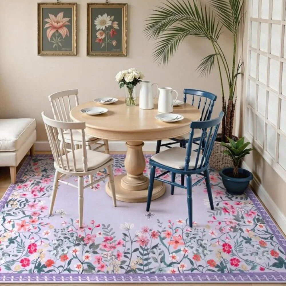 New 5x7 Purple Washable Rug, Floral, Non-Slip, Soft Carpet for Bedroom & Nursery
